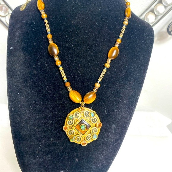 Vintage Necklace. Brass & Bead Tiger Eye Michael Golan 18" - Picture 5 of 10